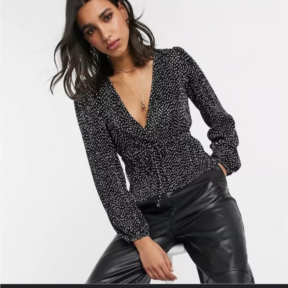 Zara Black and White Polka Dot V-Neck Blouse